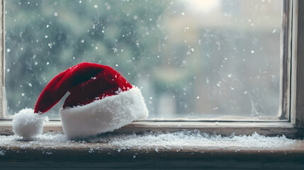 Christmas Eve Magic: Santa's hat rests on a snow-dusted windowsill, with snowflakes gently falling outside, creating a heartwarming Christmas scene. 