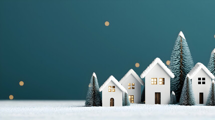 Naklejka premium Winter Wonderland Village: Miniature houses nestled amidst frosted trees, bathed in the soft glow of warm lights, against a serene teal backdrop.