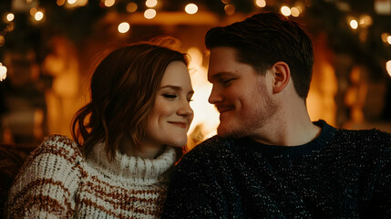 Fototapeta premium Cozy Fireplace Romance: A loving couple gazes into each other's eyes, their faces illuminated by the warm glow of a fireplace, creating an intimate and romantic atmosphere. 