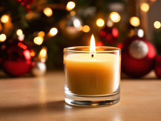 The Christmas candle's flame glows warmly, creating a festive ambiance.