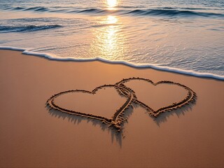 two heart shape drawn on a sandy beach; with gentle waves and sunrise light  in the background approaching the shore.Expression love concept