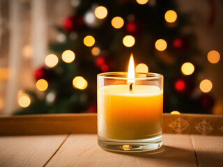 The Christmas candle's flame glows warmly, creating a festive ambiance.