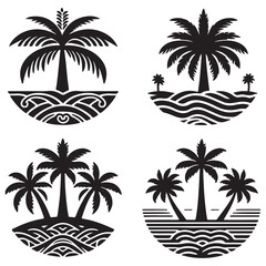 Obraz premium Black Palm Trees Set Isolated On White Background. Palm Silhouettes. Design Of Palm Trees For Posters, Banners And Promotional Items. Vector Illustration. Palm Icon On White Background 