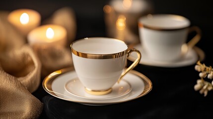 Obraz premium Elegant tea cups with gold accents and candle create a warm, inviting atmosphere.