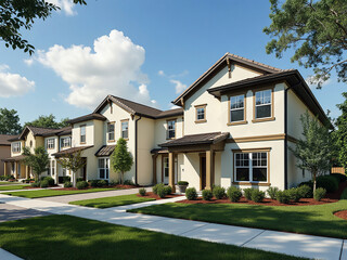 Row of beautiful modern single family houses in suburb neighborhood on sunny summer day