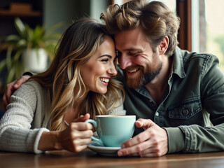 Happy couple sharing a romantic moment while drinking coffee