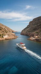 Obraz premium Summer boating adventure in a sea cove. Outdoor lifestyle summer photography wallpaper with lakes and mountains.