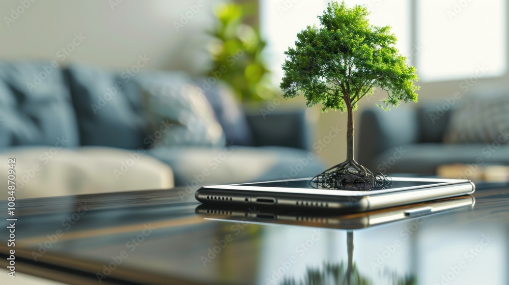 Poster A smartphone screen with a tree growing out of it, set on a modern coffee table, symbolizing the intersection of nature and technology in everyday life