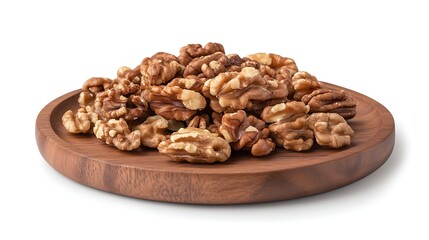 Obraz premium Walnuts in a wooden plate isolated on white background Clipping Path