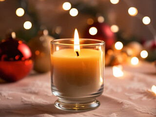 The Christmas candle's flame casts a warm glow over the decorations.