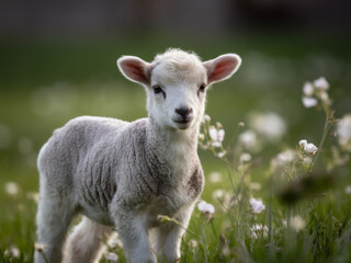 Fototapeta premium Spring scene with a young lamb and wildflowers. Animal photography wallpaper in a spring scene with sheep and wildflowers.