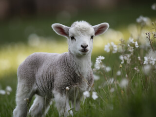 Fototapeta premium Adorable lamb in a meadow of wildflowers. Animal photography wallpaper in a spring scene with sheep and wildflowers.