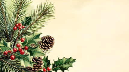 A vintage-inspired illustration of holly berries, pine cones, and fir branches on a textured paper background, perfect for creating festive backgrounds and borders