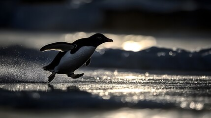 Naklejka premium 38. A penguin sliding on ice, its figure almost glowing from the bright sunlight reflecting off the snow