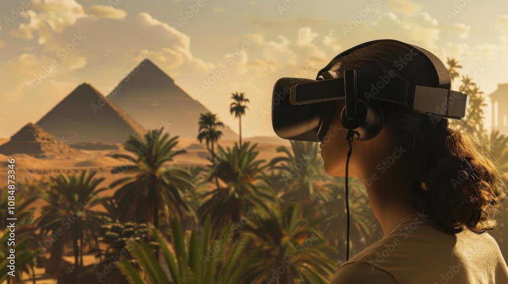 Poster a student exploring virtual reality archaeological sites and ancient civilizations, symbolizing hist