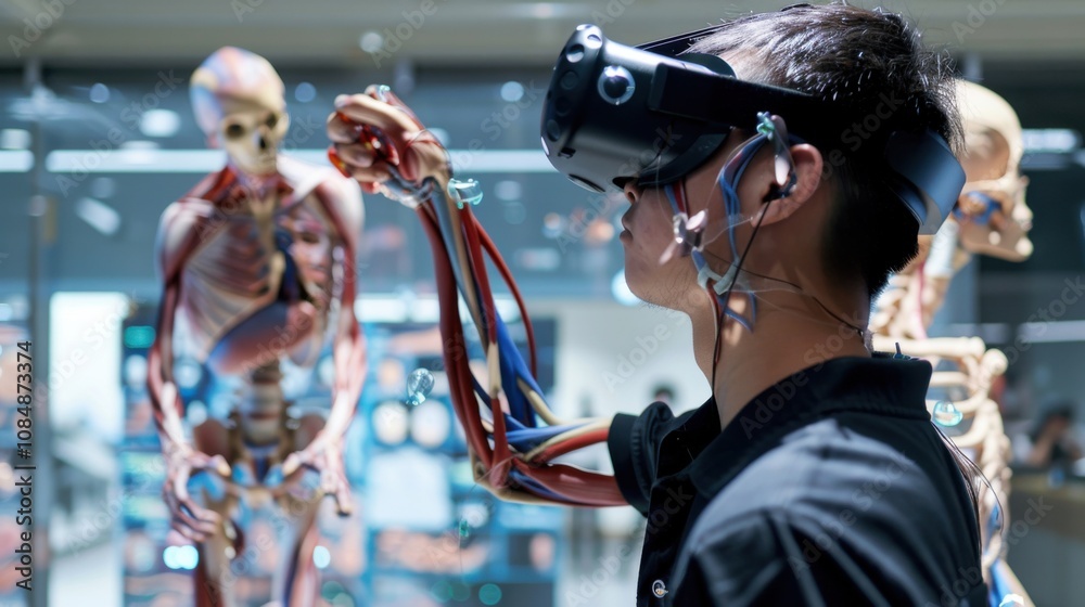 Poster a student participating in a virtual reality anatomy lesson with detailed 3d models, symbolizing edu
