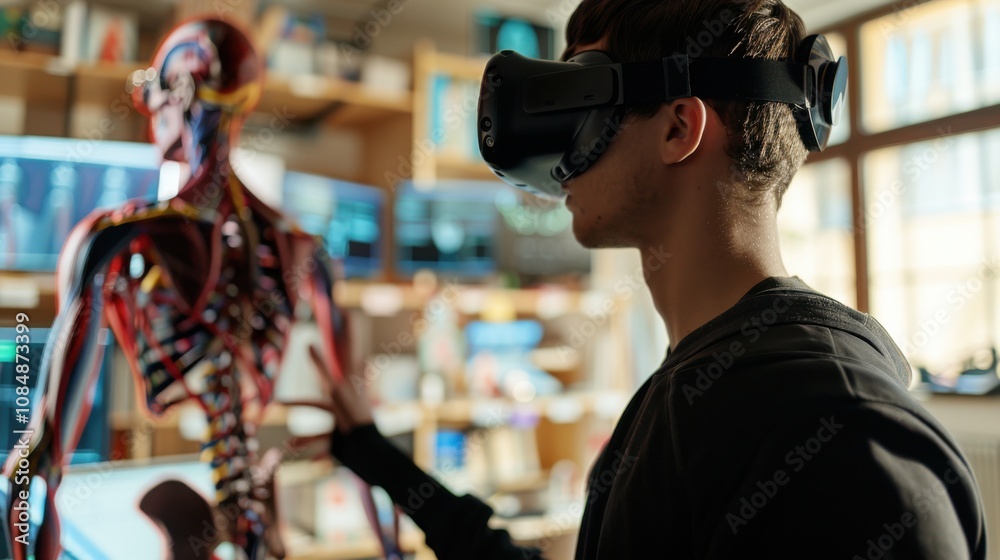 Poster a student participating in a virtual reality anatomy lesson with detailed 3d models, symbolizing edu