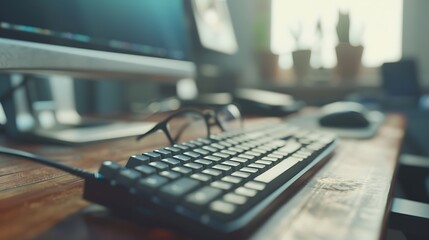 keyboard and glasses on a wooden table in the office