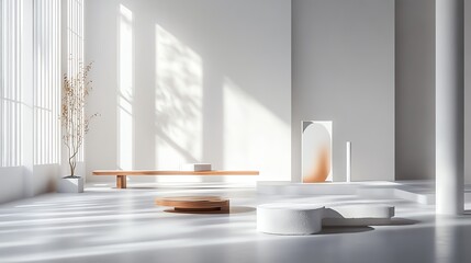 Fototapeta premium Minimalist bright room with modern furniture and natural lighting.