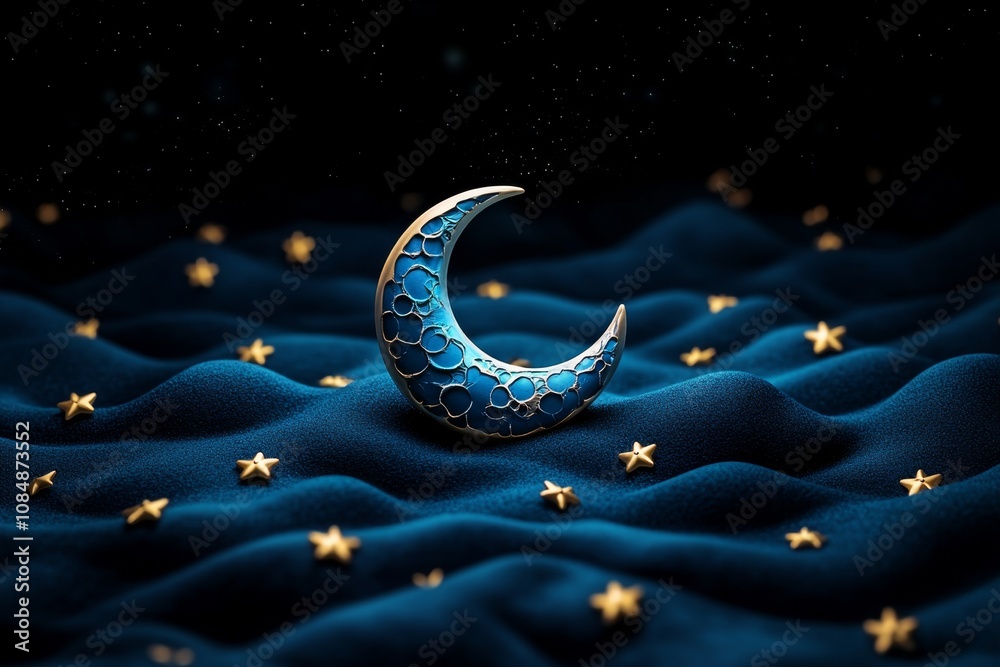 Poster minimalist design of a crescent moon with subtle stars on a dark background, peaceful and elegant