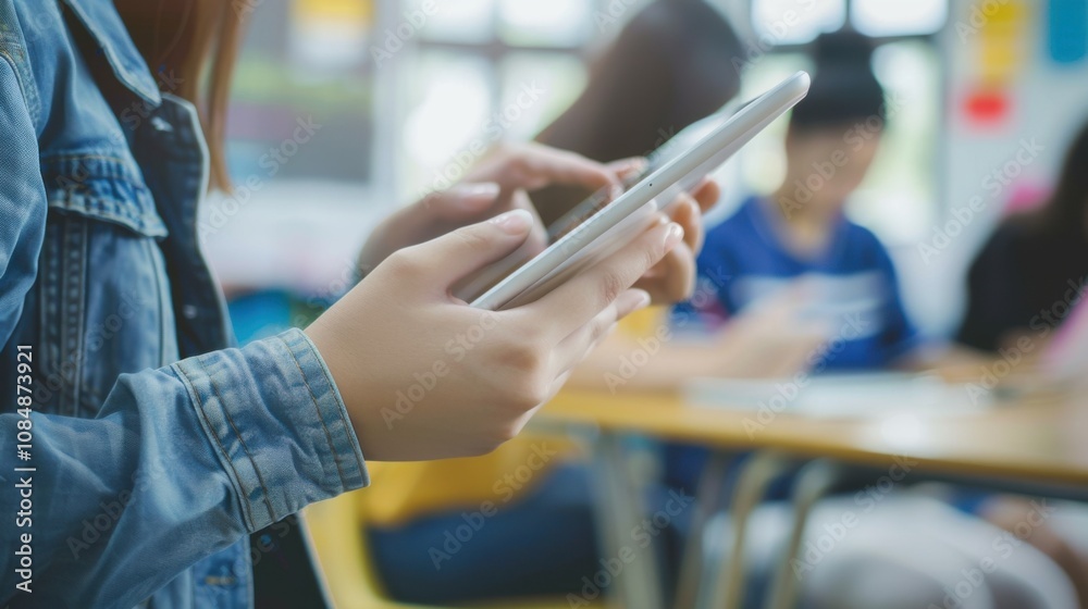 Poster a student using a digital tablet in a modern classroom, symbolizing education and technology in lear