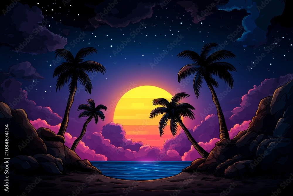 Poster pixel art of a colorful sunset over the ocean with 8-bit palm trees, retro gaming style