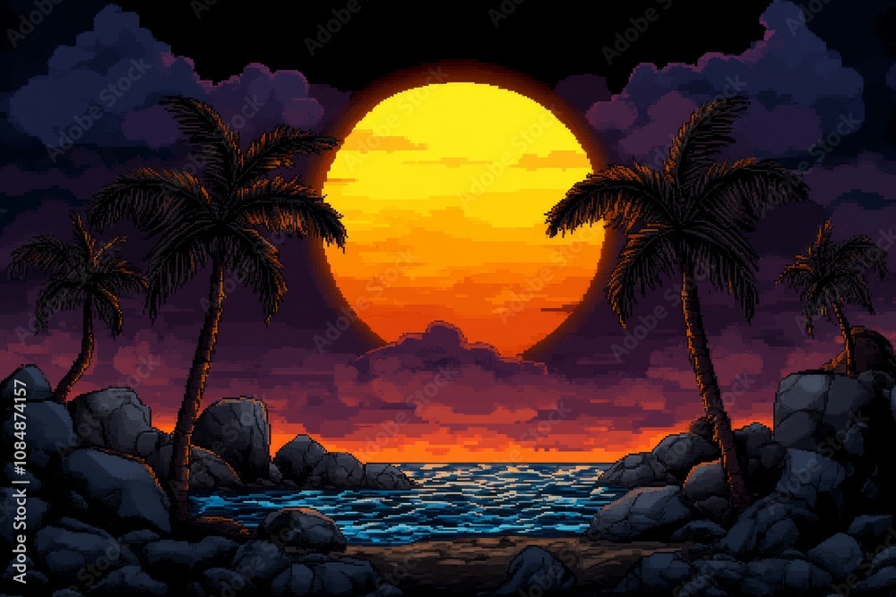 Poster pixel art of a colorful sunset over the ocean with 8-bit palm trees, retro gaming style
