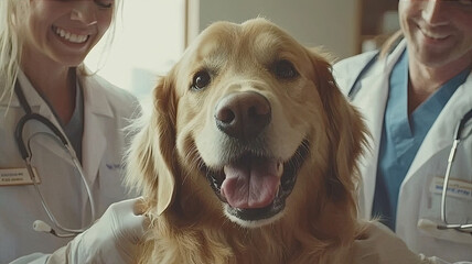 Happy dog being examined by two veterinarians, showcasing joyful moment of care and attention. dog friendly demeanor highlights bond between pets and their caregivers