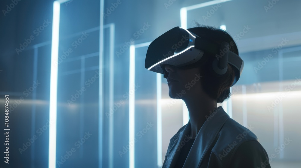 Poster a stylish minimalist workspace with a person using a virtual reality headset, surrounded by clean li