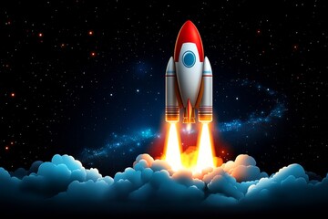 Retro poster of a rocket in the universe, bold colors and 1950s space exploration theme