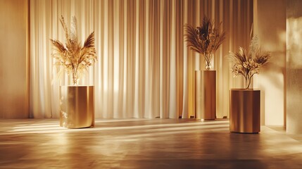 Elegant interior with decorative plants and soft lighting.