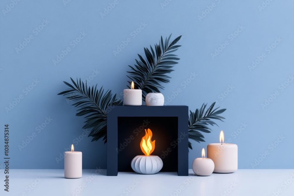 Poster Simple fireplace icon with a single flame inside, emphasizing warmth and comfort in a minimalist style