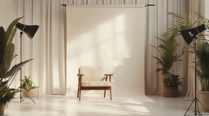 Minimalist studio with a wooden chair and potted plants.
