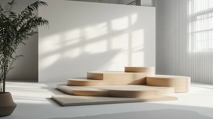 Fototapeta premium Minimalist interior space with wooden platforms and natural light.