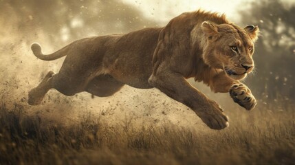Obraz premium Stunning freeze motion of a lion leaping over grassland, muscles tense, eyes fierce, capturing the raw power of nature
