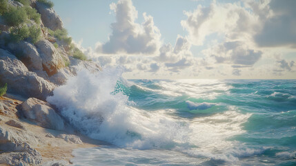 Ocean Waves Crashing Against Rocky Coast 3D Illustration