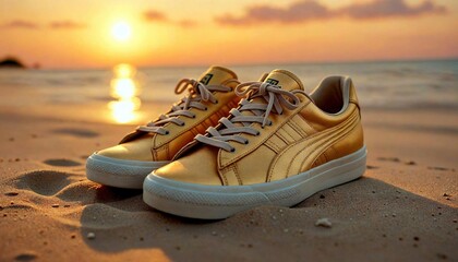 Naklejka premium Gold Sneakers with Sunset Beach Reflections