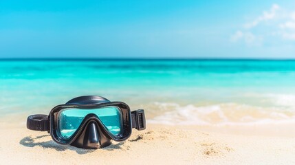A diving mask rests on the sandy beach, with turquoise waves gently lapping at the shore under a bright blue sky.