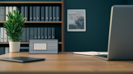 Fototapeta premium A modern office workspace featuring a laptop, a smartphone, a decorative plant, and a stylish clock on a wooden desk, with shelves of files in the background.