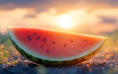 A vibrant slice of watermelon against a sunset backdrop, highlighting summer freshness.