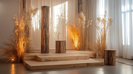 Cozy minimalist wooden decor setup with natural lighting indoors.