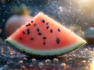 A vibrant slice of watermelon glistening with droplets, showcasing freshness and summer vibes.