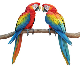 Fototapeta premium Two parrots are perched on a branch, one on the left and one on the right. The parrots are brightly colored and seem to be enjoying their time together