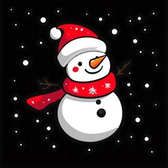 Fototapeta premium Cheerful Snowman with Santa Hat and Red Scarf in Night Snowfall, Festive Holiday Illustration
