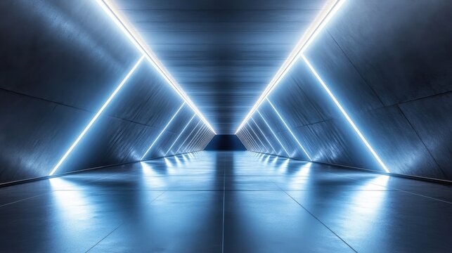 Futuristic tunnel glowing with vibrant neon lights forming triangles on a reflective surface, showcasing modern design