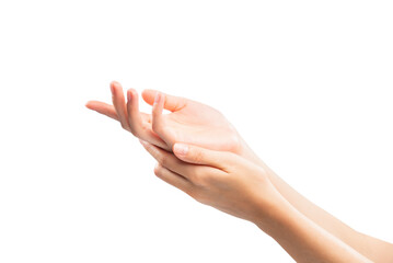 woman hand applying cosmetic cream on her finger on background.