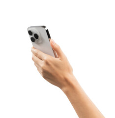 Hand holding the smartphone on isolated white background.