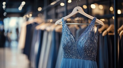 Obraz premium Elegant sleeveless blue dress displayed on a hanger in a stylish clothing store