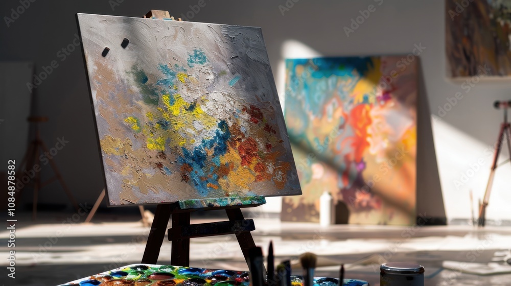 Poster a traditional artist闁炽儲鐛�palette with a digital screen integrated, showing a virtual paint mixing to