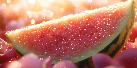 A vibrant slice of watermelon glistening with water droplets among pink petals.